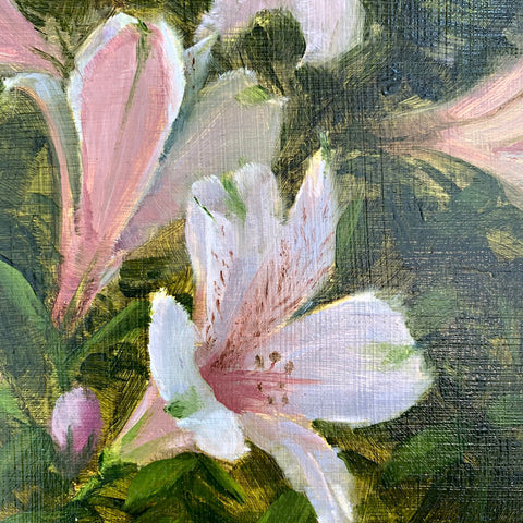 Painting of pink alstroemeria against a green background by Kathy Chumley at Cottage Curator - Sperryville VA Art Gallery 