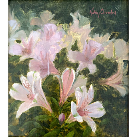 Painting of pink alstroemeria against a green background by Kathy Chumley at Cottage Curator - Sperryville VA Art Gallery 