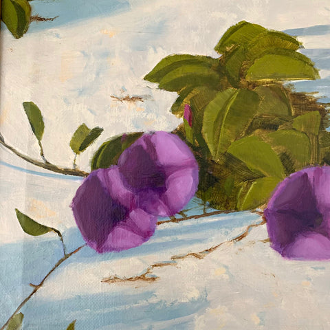 Painting of purple posies with green leaves and stems against a white and blue beach sand background by Kathy Chumley at Cottage Curator - Sperryville VA Art Gallery 