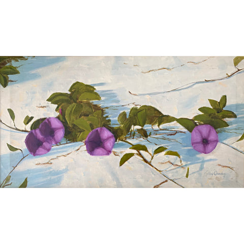 Painting of purple posies with green leaves and stems against a white and blue beach sand background by Kathy Chumley at Cottage Curator - Sperryville VA Art Gallery 