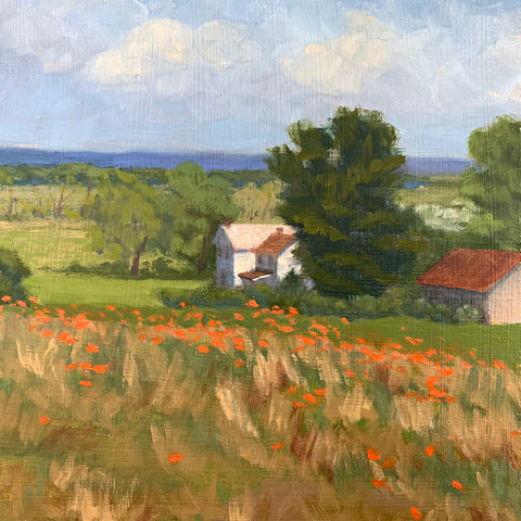 Detail of farmhouse and barn in landscape painting of Blue Ridge Mountains with field of poppies in the foreground by Kathy Chumley at Cottage Curator - Sperryville VA Art Gallery