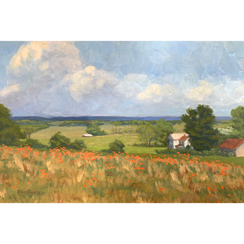 Landscape painting of Blue Ridge Mountains with farm and field of poppies in the foreground by Kathy Chumley at Cottage Curator - Sperryville VA Art Gallery