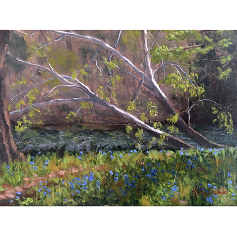 Forest scene painting of bluebell flowers with sycamore trees above by Kathy Chumley