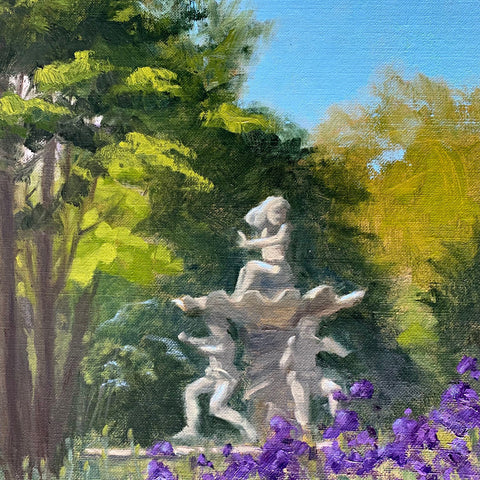 Detail of fountain in oil painting of garden with purple irises at Griffin Tavern by Kathy Chumley at Cottage Curator - Sperryville VA Art Gallery