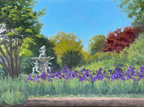 Oil painting of garden with water fountain and purple irises at Griffin Tavern by Kathy Chumley at Cottage Curator - Sperryville VA Art Gallery