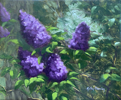 Painting of lilac bush with bright purple bunches against green leafy background by Kathy Chumley at Cottage Curator - Sperryville VA Art Gallery
