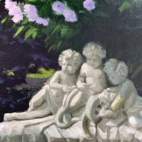 Detail of Landscape painting of fountain with cherrubs surrounded by shrubs with pink rose bush growing behind and above by Kathy Chumley at Cottage Curator - Sperryville VA Art Gallery