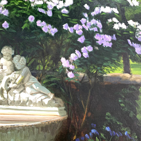 Detail of Landscape painting of fountain with cherrubs surrounded by shrubs with pink rose bush growing behind and above by Kathy Chumley at Cottage Curator - Sperryville VA Art Gallery