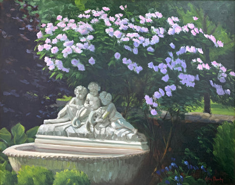 Landscape painting of fountain with cherrubs surrounded by shrubs with pink rose bush growing behind and above by Kathy Chumley at Cottage Curator - Sperryville VA Art Gallery