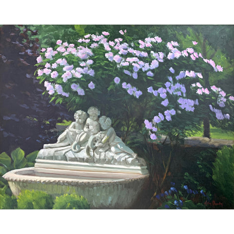 Landscape painting of fountain with cherrubs surrounded by shrubs with pink rose bush growing behind and above by Kathy Chumley at Cottage Curator - Sperryville VA Art Gallery