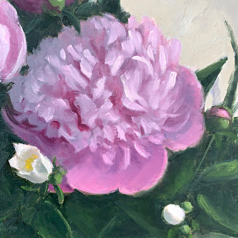 Detail of Still life painting of pink peonies and white mock orange blossoms in a vase by Kathy Chumley at Cottage Curator - Sperryville VA Art Gallery