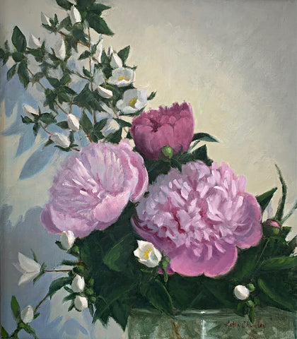 Still life painting of pink peonies and white mock orange blossoms in a vase by Kathy Chumley at Cottage Curator - Sperryville VA Art Gallery