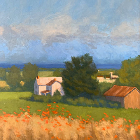 Detail of landscape painting with field of poppies, green farmland and farm buildings with mountains and clouds by Kathy Chumley at Cottage Curator - Sperryville VA Art Gallery