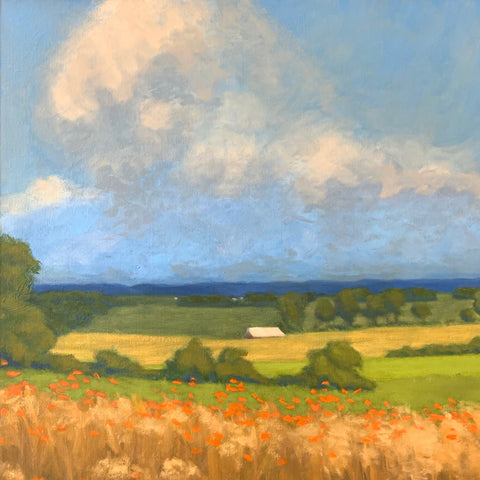 Detail of landscape painting with field of poppies, green farmland and farm buildings with mountains and clouds by Kathy Chumley at Cottage Curator - Sperryville VA Art Gallery