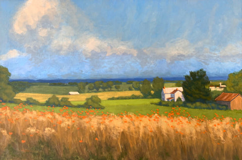 Oil painting of landscape with field of poppies, green farmland and farm buildings with mountains and clouds by Kathy Chumley at Cottage Curator - Sperryville VA Art Gallery