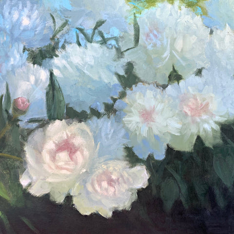 Detail of peonies in painting of peonies planted in a bed in blue shadows with green and blue background by Kathy Chumley at Cottage Curator - Sperryville VA Art Gallery