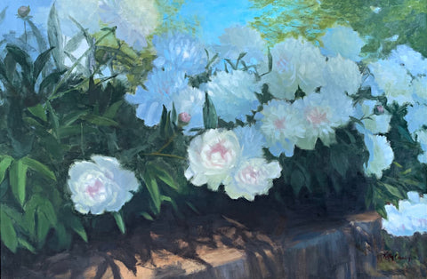 Painting peonies planted in a bed in blue shadows with green and blue background by Kathy Chumley at Cottage Curator - Sperryville VA Art Gallery