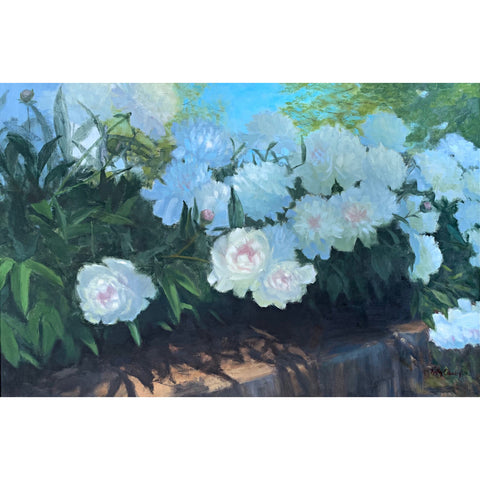 Painting peonies planted in a bed in blue shadows with green and blue background by Kathy Chumley at Cottage Curator - Sperryville VA Art Gallery