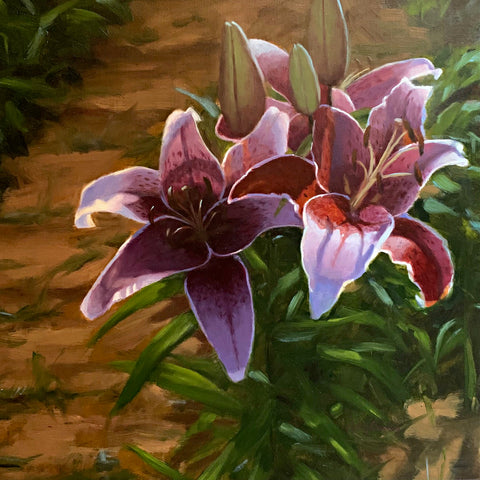 Oil painting of pink stargazer lilies blooming, growing in a garden row by Kathy Chumley at Cottage Curator - Sperryville VA Art Gallery