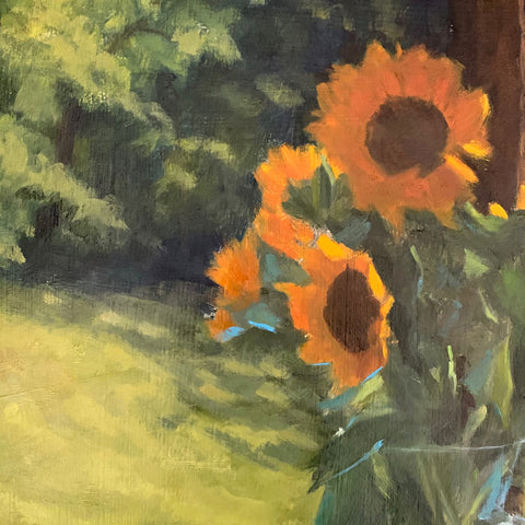  Detail of still life with vase of sunflowers on a table set outdoors by Kathy Chumley at Cottage Curator - Sperryville VA Art Gallery