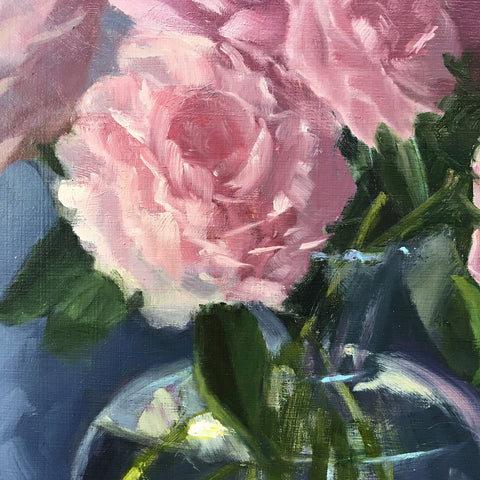 Detail of oil painting of pink peonies in a vase with blue background by Kathy Chumley at Cottage Curator art gallery in Sperryville VA