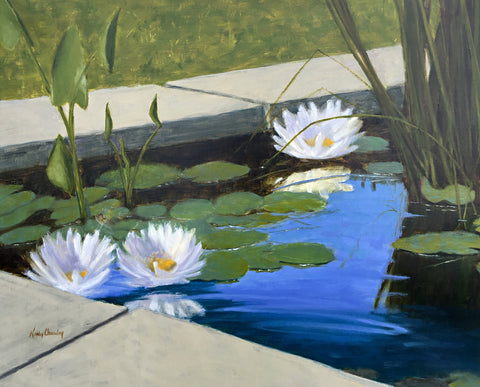Oil painting of waterlilies in a pond by Kathy Chumley at Cottage Curator art gallery Sperryville VA