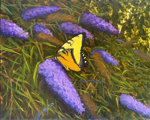 Painting of yellow swallowtail butterfly perched on purple flowers against a background of greenery, by Kathy Chumley at Cottage Curator - Sperryville VA Art Gallery
