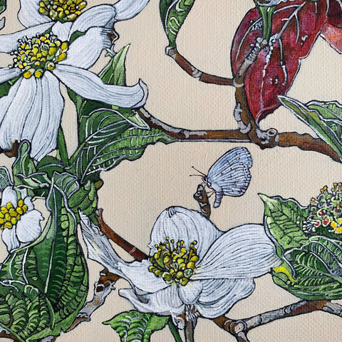 Detail of acrylic painting of dogwood branches in various blooming stages of red, yellow and white with light blue azure butterfly at center against an ivory background by Frances Coates at Cottage Curator - Sperryville VA Art Gallery