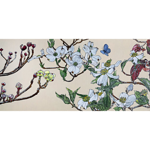 Horizontal acrylic painting of dogwood branches in various blooming stages of red, yellow and white with azure butterflies against an ivory background by Frances Coates at Cottage Curator - Sperryville VA Art Gallery