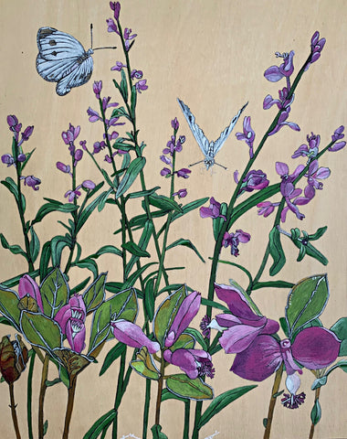 Acrylic painting on wood panel of Gaywings and Racemed Milkwort with Cabbage Whites by Frances Coates at Cottage Curator - Sperryville VA Art Gallery