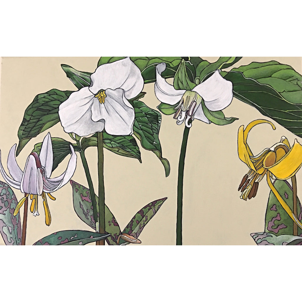 Painted family of white and yellow lilies on a cream background by Frances Coates