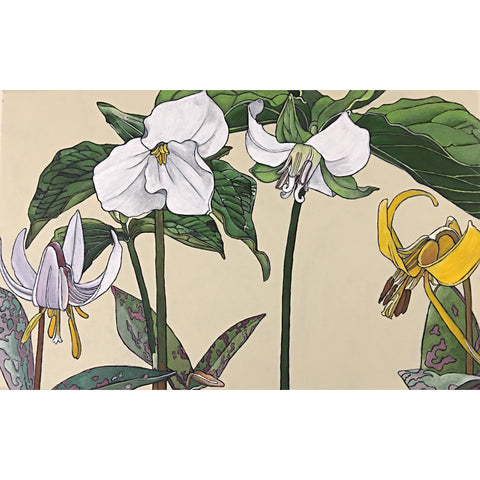 Painted family of white and yellow lilies on a cream background by Frances Coates