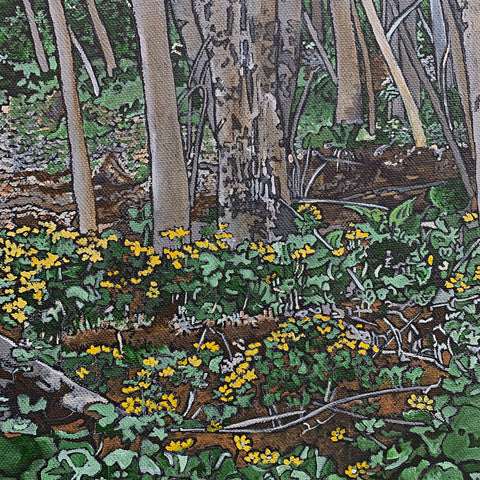 Detail of Vertical painting of marsh marigolds (yellow and green) with gray/brown tree trunks in the upper background by Frances Coates - Cottage Curator - Sperryville VA Art Gallery