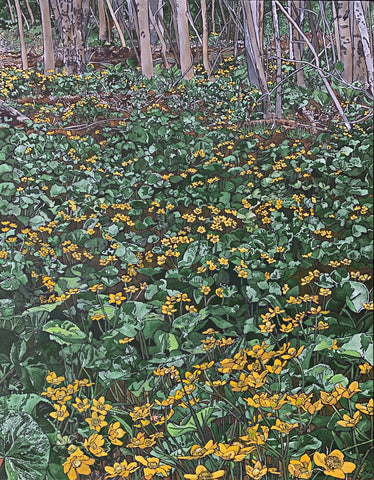 Vertical painting of marsh marigolds (yellow and green) with gray/brown tree trunks in the upper background by Frances Coates - Cottage Curator - Sperryville VA Art Gallery