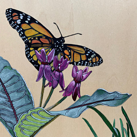 Detail of Acrylic painting on wood panel of Swamp, Few Flower, Purple and Whorled milkweed plants with monarch butterflies by France Coates at Cottage Curator - Sperryville VA Art Gallery