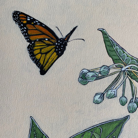 Detail of monarch butterfly in painting of poke milkweed in various stages of blooming against an ivory background by Frances Coates at Cottage Curator - Sperryville VA Art Gallery