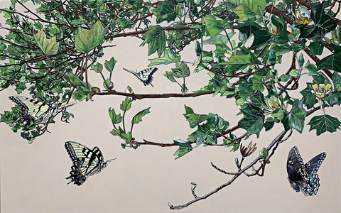 Acrylic painting of swallowtails flying and eating at tulip poplars against a white background by Frances Coates at Cottage Curator - Sperryville VA Art Gallery