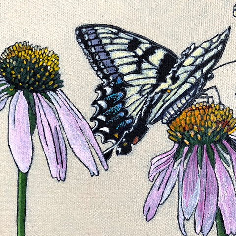 Detail of tiger swallowtail butterfly (yellow wings with orange and blue) perched on purple coneflowers against a white background in this painting on canvas by Frances Coates at Cottage Curator - Sperryville VA Art Gallery