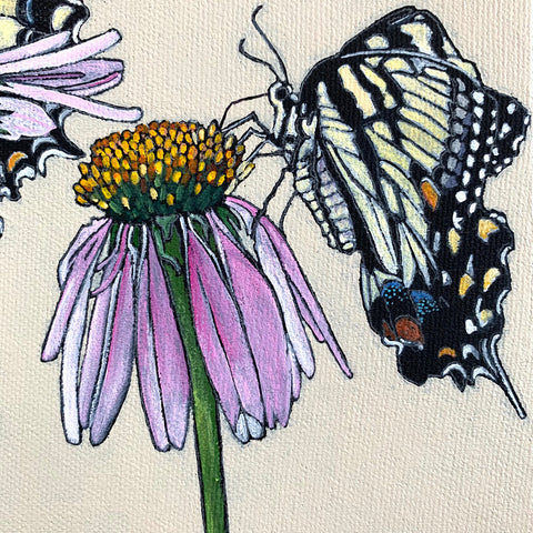 Detail of tiger swallowtail butterfly (yellow wings with orange and blue) perched on purple coneflowers against a white background in this painting on canvas by Frances Coates at Cottage Curator - Sperryville VA Art Gallery