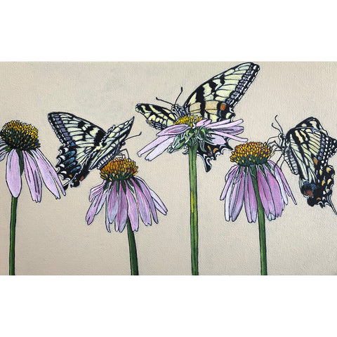 Three tiger swallowtail butterflies perch on purple coneflowers against a white background in this painting on canvas by Frances Coates at Cottage Curator - Sperryville VA Art Gallery