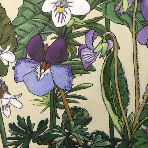 Detail of group of white and purple violets with green leaves against an ivory background - painting by Frances Coates at Cottage Curator, Sperryville VA Art Gallery