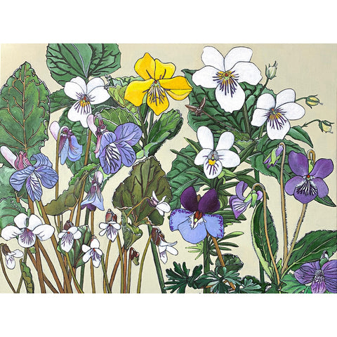 Group of white, yellow and purple violets with green leaves against an ivory background - painting by Frances Coates at Cottage Curator, Sperryville VA Art Gallery