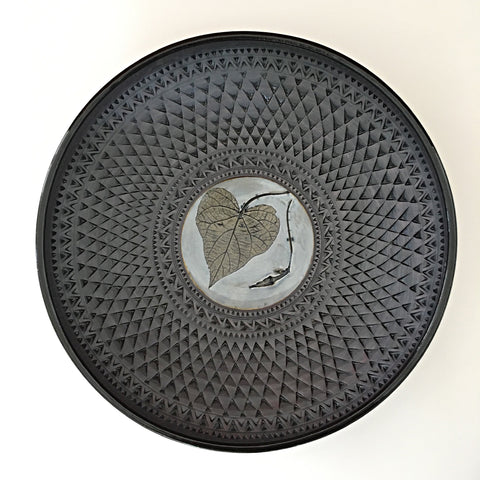 Top view of gray, black and blue ceramic vessel with triangular pattern and leaf and morning glory imprint by Suzanne Crane at Cottage Curator - Sperryville VA Art Gallery