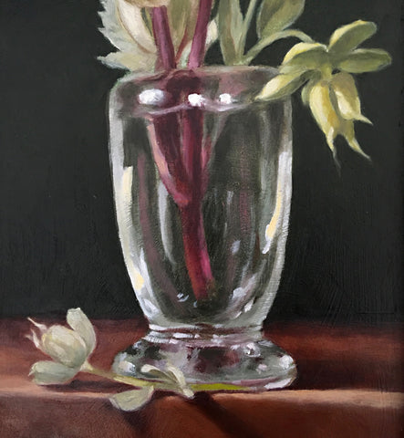 Detail of painting of hellebores in a vase on a rust-colored table cloth against a black background by Davette Leonard at Cottage Curator - Sperryville VA Art Gallery