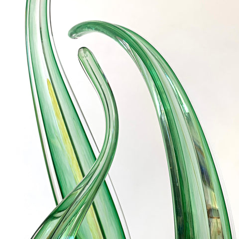 Detail of green blown-glass sculpture of river grass with blue base by Neil Duman at Cottage Curator - Sperryville VA Art Gallery 