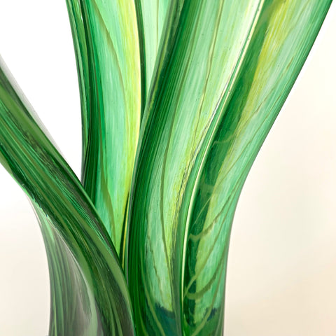Detail of green blown-glass sculpture of river grass with blue base by Neil Duman at Cottage Curator - Sperryville VA Art Gallery 