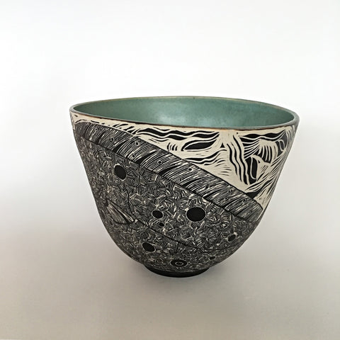 Bowl with black and white carving of a flounder on the exterior and jade green interior by Shirley Gromen at Cottage Curator - Sperryville, VA Art Gallery