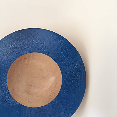 Detail of shallow bowl with wide painted blue rim by Bob Silkensen at Cottage Curator - Sperryville VA
