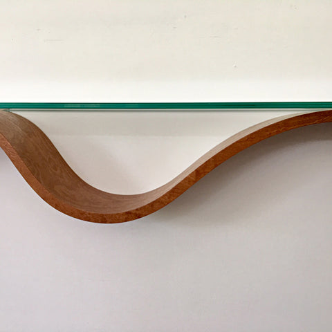 Detail of sinuous curved wood shelf with flat glass top by Richard Judd at Cottage Curator - Sperryville VA Art Gallery