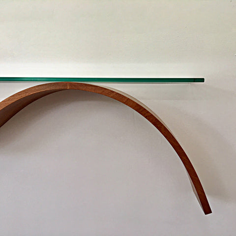 Detail of sinuous curved wood shelf with flat glass top by Richard Judd at Cottage Curator - Sperryville VA Art Gallery